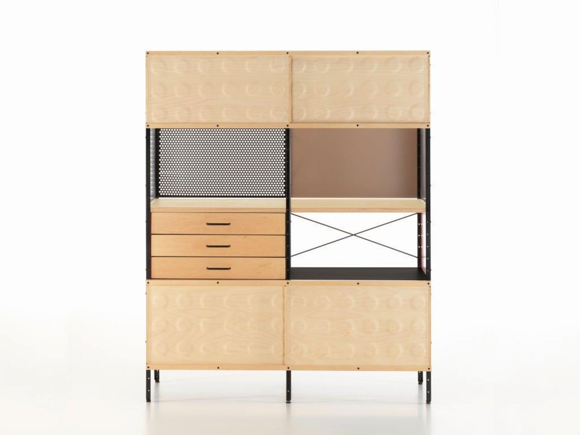 Eames Storage Unit (ESU) Bücherregal von Vitra mit Schubladen, Regalböden und Lochblech.